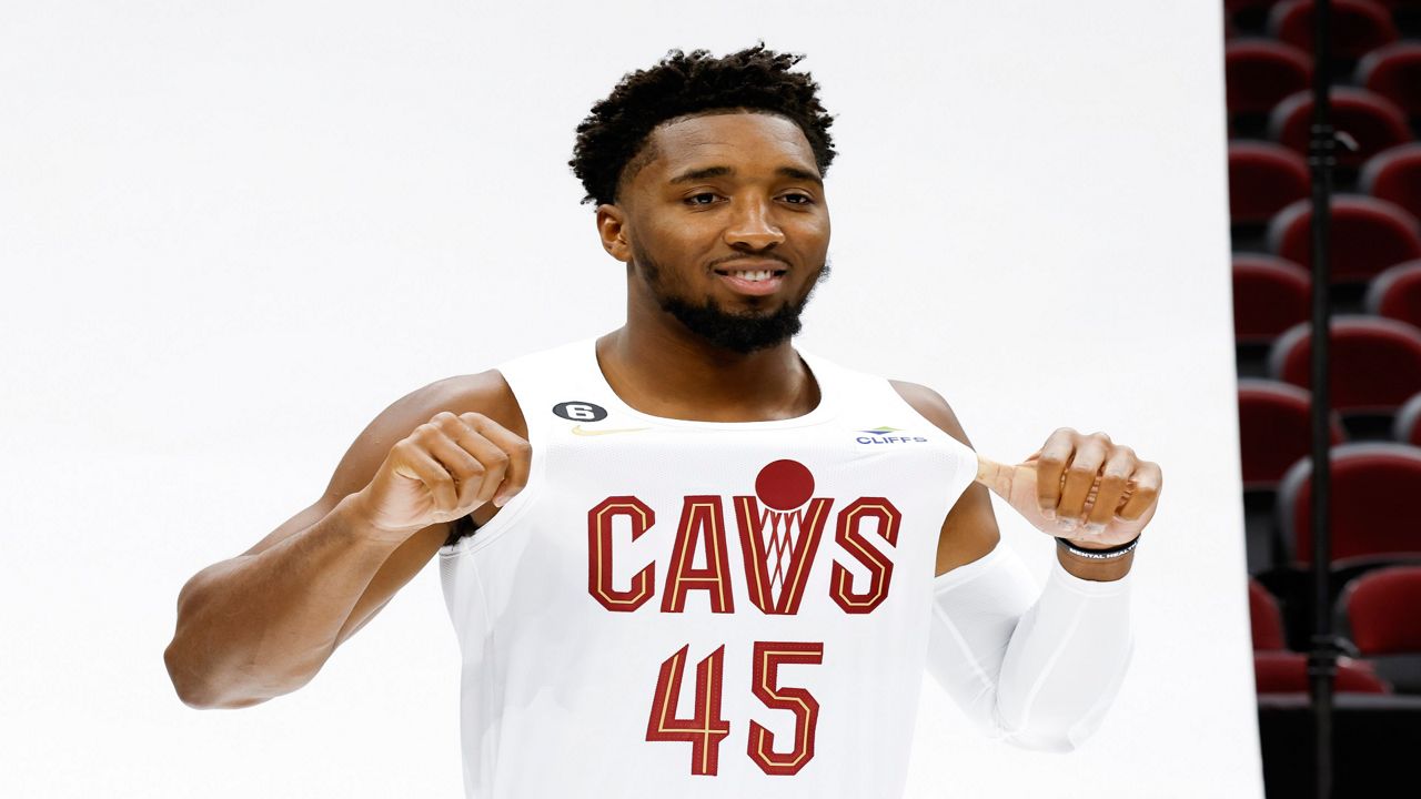 Cleveland Cavaliers guard Donovan Mitchell poses for a portrait during the NBA basketball team's media day, Monday, Sept. 26, 2022, in Cleveland. (AP Photo/Ron Schwane)