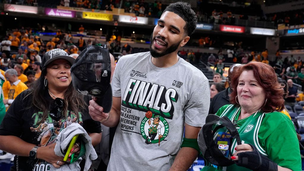 Boston Celtics forward Jayson Tatum celebrates after Game 4 of the NBA Eastern Conference basketball finals against the Indiana Pacers, Monday, May 27, 2024, in Indianapolis. The Celtics won 105-102.(AP Photo/Michael Conroy)