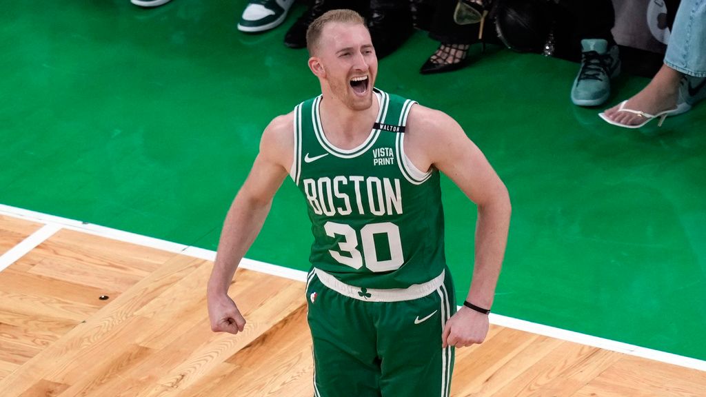 FILE - Boston Celtics' Sam Hauser reacts after making a 3-point basket during the first half of Game 5 of the NBA basketball finals against the Dallas Mavericks, June 17, 2024, in Boston. The Boston Celtics locked up another member of their championship core on Sunday, July 21, agreeing to a four-year, $45 million extension with Hauser, a person with knowledge of the details said. (AP Photo/Michael Dwyer, File)