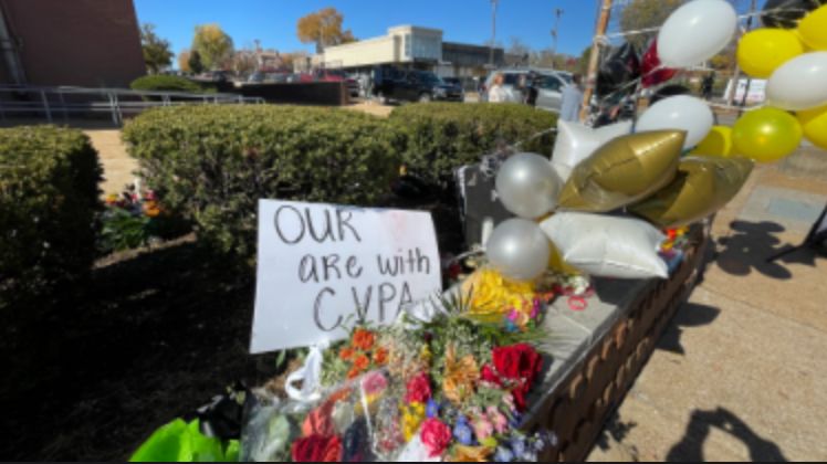 A memorial outside Central Visual Performing Arts High School in St. Louis following the October shooting that left three people, including the suspect dead. (Spectrum News/Gregg Palermo)