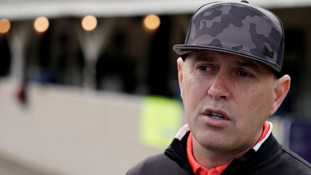 Trainer Chad Brown talks to the media after a workout by Kentucky Derby entrant Zandon at Churchill Downs Tuesday, May 3, 2022, in Louisville, Ky.  (AP Photo/Charlie Riedel)