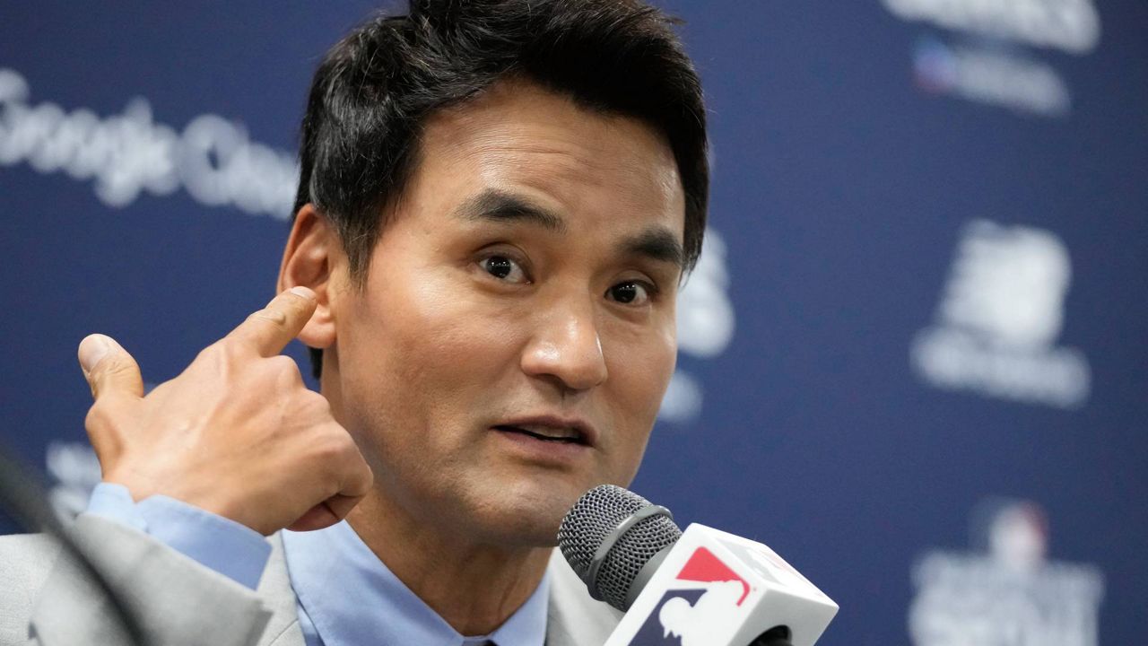 Former Los Angeles Dodgers pitcher Chan Ho Park speaks during a press conference at the Gocheok Sky Dome ahead of a game between the Dodgers and the San Diego Padres for the MLB World Tour Seoul Series in Seoul, South Korea, on Wednesday. (AP Photo/Lee Jin-man)