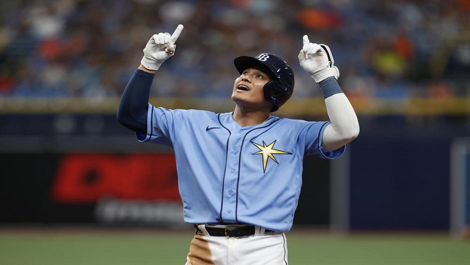 Jorge Mateo of the Baltimore Orioles reacts after hitting a double