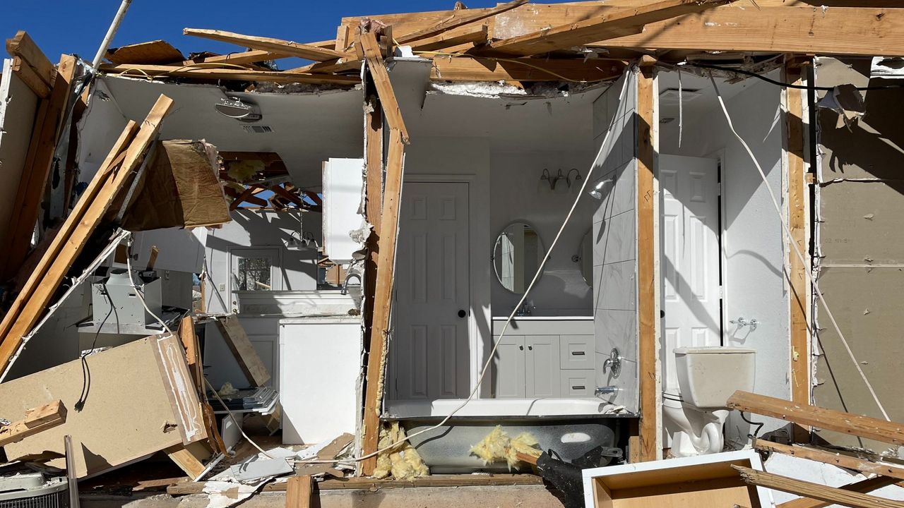 A home in Round Rock, Texas, is demolished following powerful storms in this image from March 22, 2022. (Spectrum News 1/Charlotte Scott)