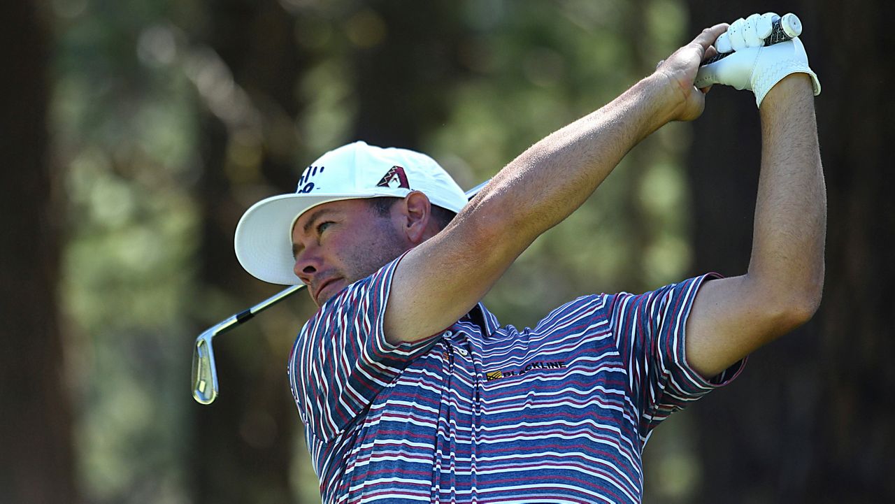 Chez Reavie watches his shot from the third tee during the second round of the Barracuda Championship golf tournament at Old Greenwood Golf Course in Truckee, Calif., on Friday. (Jason Bean/The Reno Gazette-Journal via AP)