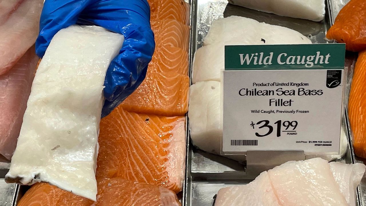 Fillets of Chilean sea bass caught near the U.K.-controlled South Georgia island are displayed for sale at a Whole Foods Market in Cleveland, Ohio, June 17, 2022. Southern Cross Seafoods said in a complaint filed in Oct. 2022 in the U.S. International Trade Court that the decision to bar importation of Chilean sea bass was arbitrary, illegal and would cause significant economic harm to its business. (AP Photo/Joshua Goodman, File)