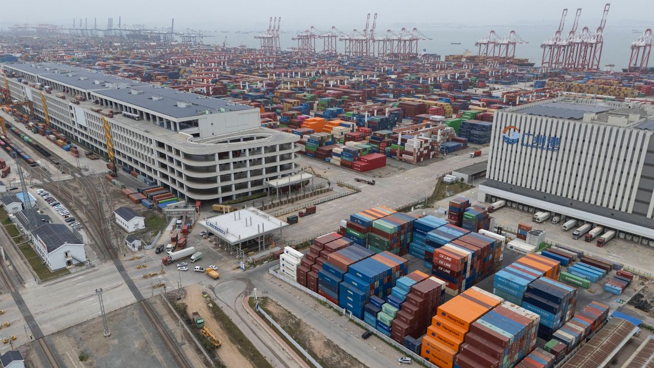 Shipping containers are seen ready for transport at the Guangzhou Port in the Nansha district in southern China's Guangdong province on April 17, 2025. (AP Photo/Ng Han Guan, File)