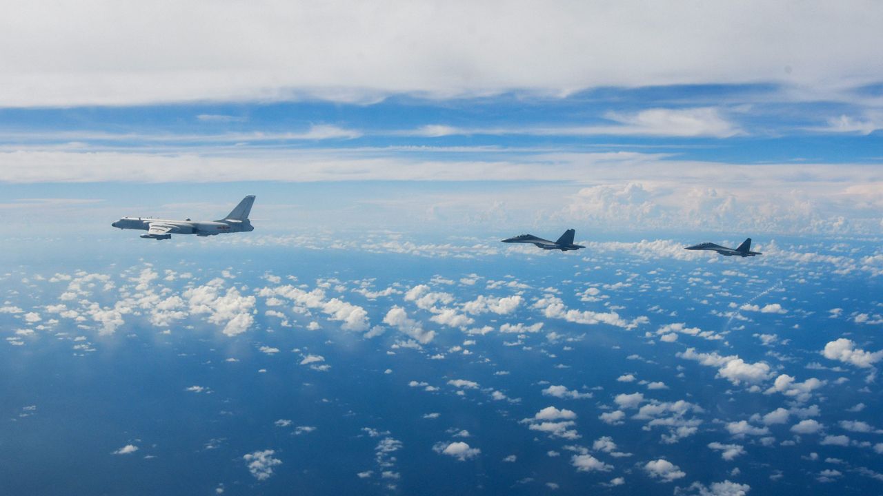 Aircraft of the Eastern Theater Command of the Chinese People's Liberation Army conduct a joint combat training exercise Sunday around the Taiwan Island. (Li Bingyu/Xinhua via AP)