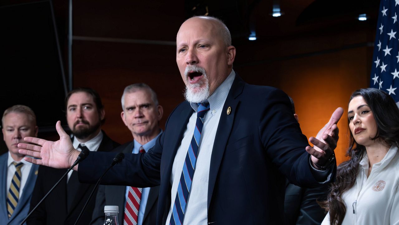 Rep. Chip Roy, R-Texas, and members of the conservative House Freedom Caucus, denounce the spending package being readied for a vote, at the Capitol in Washington, Friday, March 22, 2024. (AP Photo/J. Scott Applewhite)