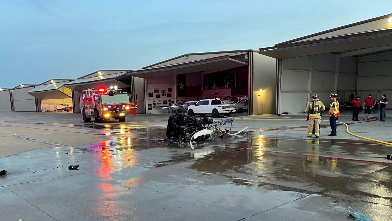 The crashed chopper with McKinney Fire Department at the scene. (McKinney Fire Department)