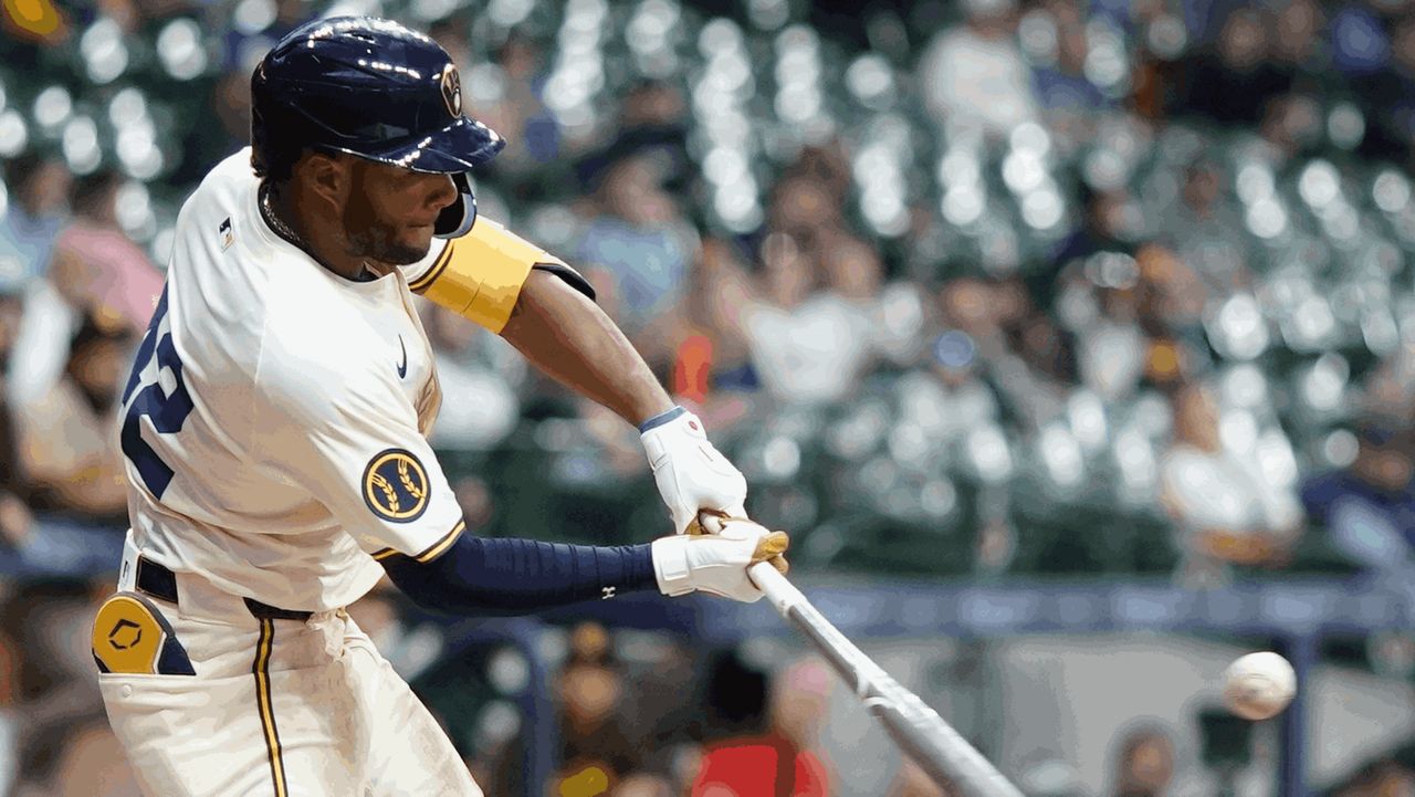 Milwaukee Brewers' Jackson Chourio hits a two-run home run during the second inning of a baseball game against the San Diego Padres Monday, April 15, 2024, in Milwaukee. (AP Photo/Morry Gash)