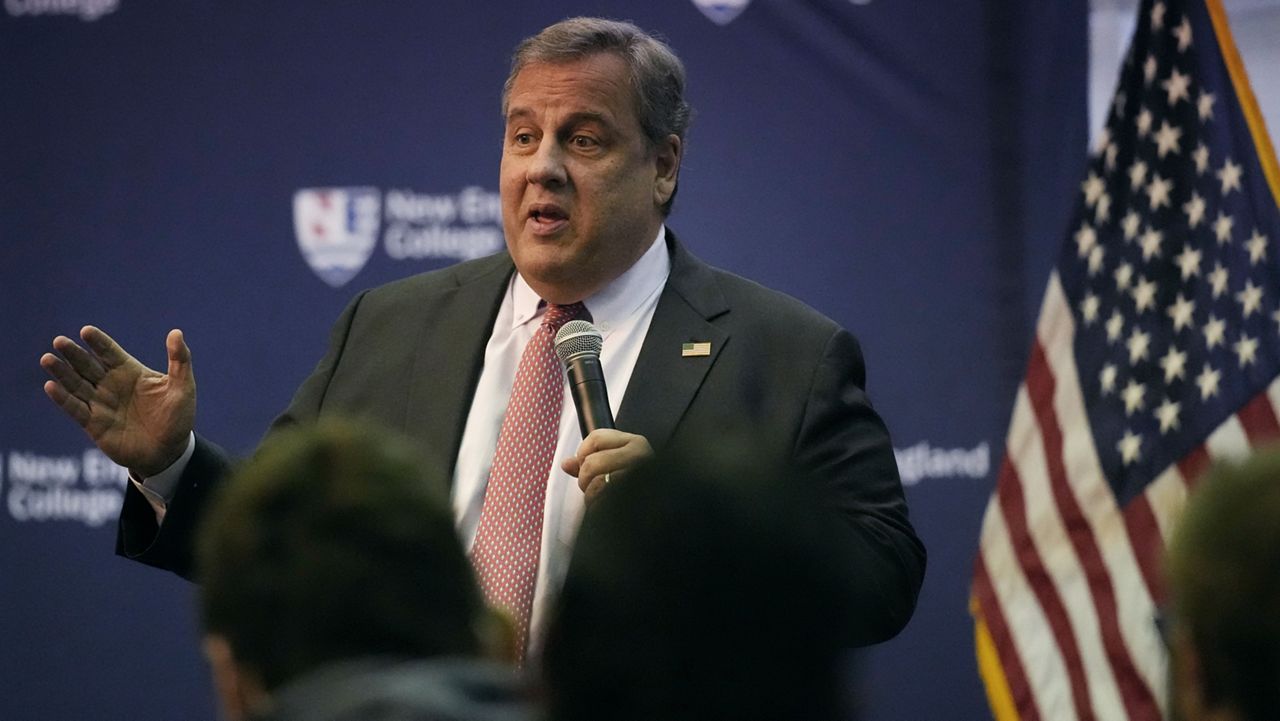 Former New Jersey Gov. Chris Christie addresses a gathering during a town hall style meeting on Thursday, April 20, 2023 in Henniker.