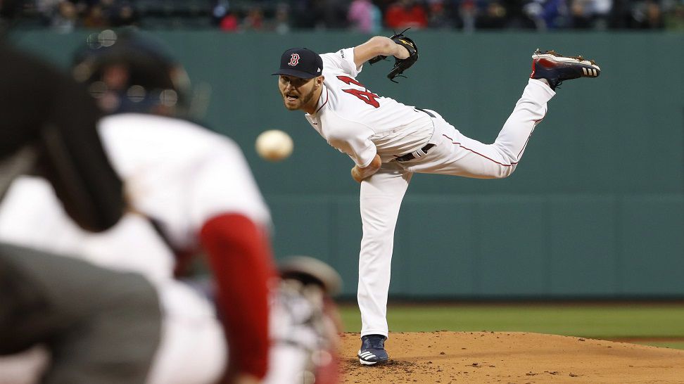 Boston Red Sox starting pitcher Chris Sale delivers against the Colorado Rockies during the first inning of a baseball game Tuesday, May 14, 2019, at Fenway Park in Boston. (AP Photo/Winslow Townson)