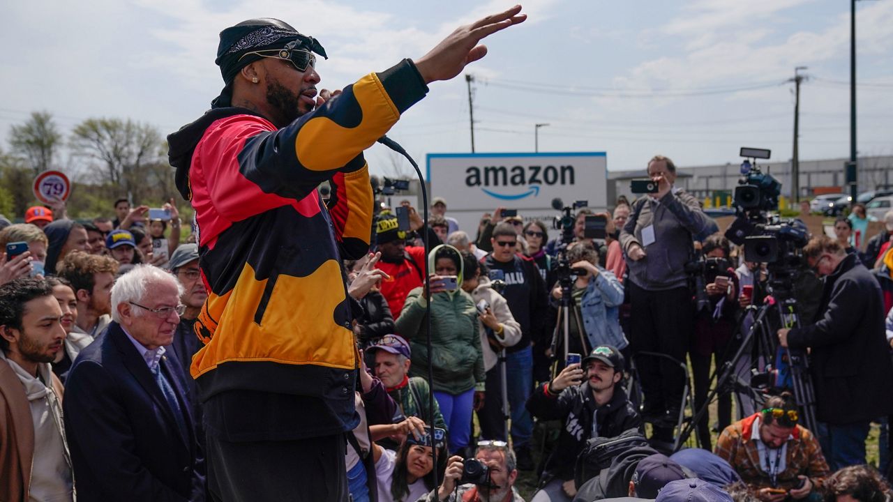 Christian Smalls, president of the Amazon Labor Union, speaks at a rally outside an Amazon facility on Staten Island in New York, Sunday, April 24, 2022. (AP Photo/Seth Wenig, File)