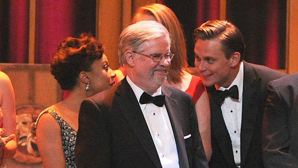 Playwright Christopher Durang appears on stage with producers at the 67th Annual Tony Awards in New York on June 9, 2013.