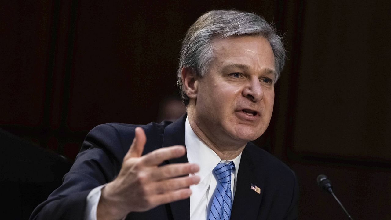 FBI Director Christopher Wray testifies during a Senate Select Committee on Intelligence hearing on Capitol Hill on April 14. (Graeme Jennings/Pool via AP, File)