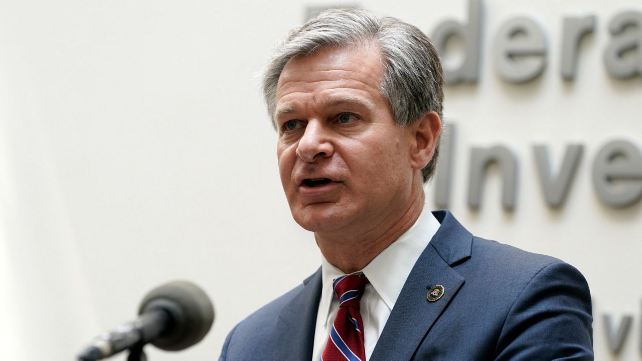 FBI Director Christopher Wray speaks during a news conference Wednesday in Omaha, Neb. (AP Photo/Charlie Neibergall)