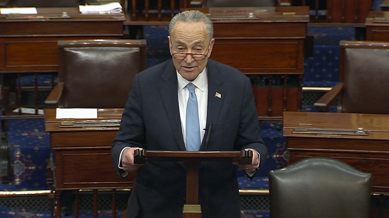 Senate Majority Leader Chuck Schumer, D-N.Y., delivers a speech on the Senate floor. (Senate TV via AP, File)