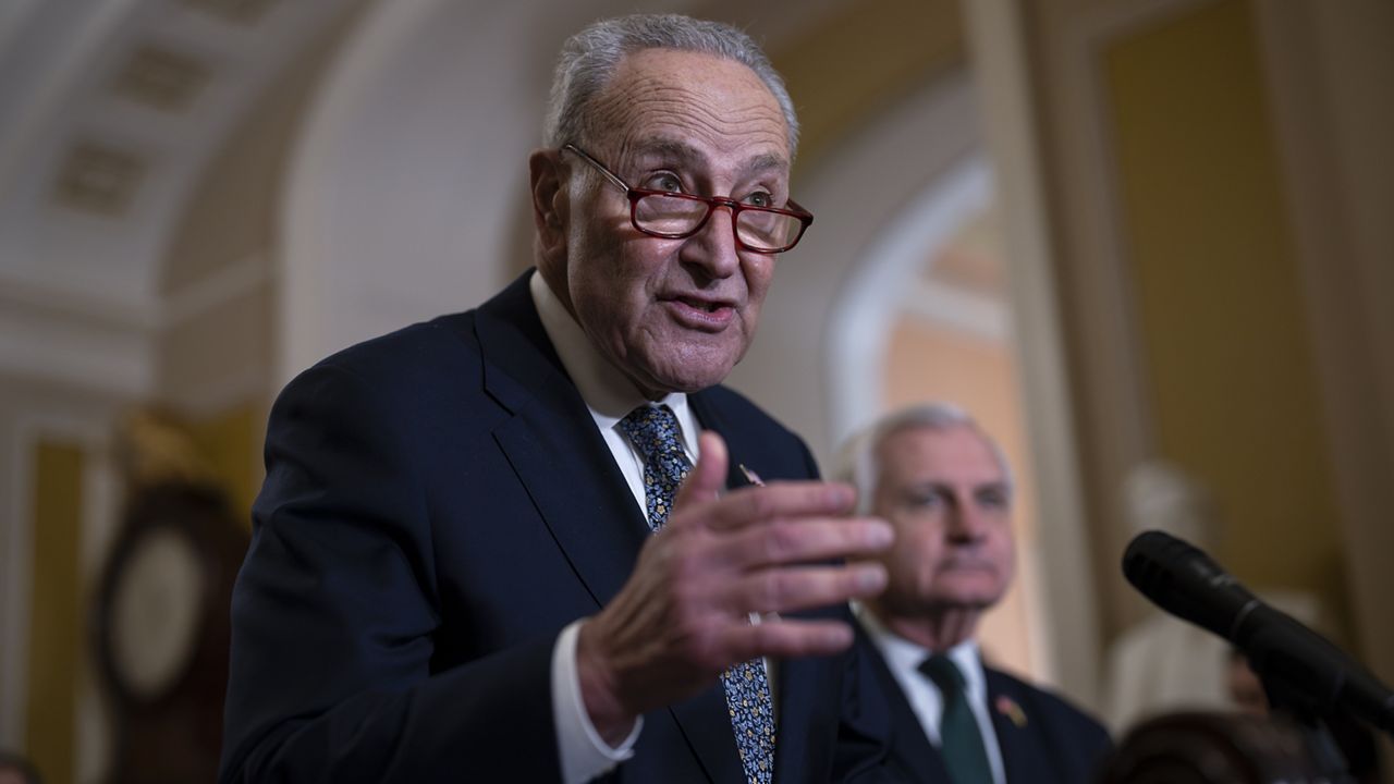 Senate Majority Leader Chuck Schumer, D-N.Y., speaks with reporters at the Capitol in Washington, Wednesday, Nov. 13, 2024. (AP Photo/J. Scott Applewhite)