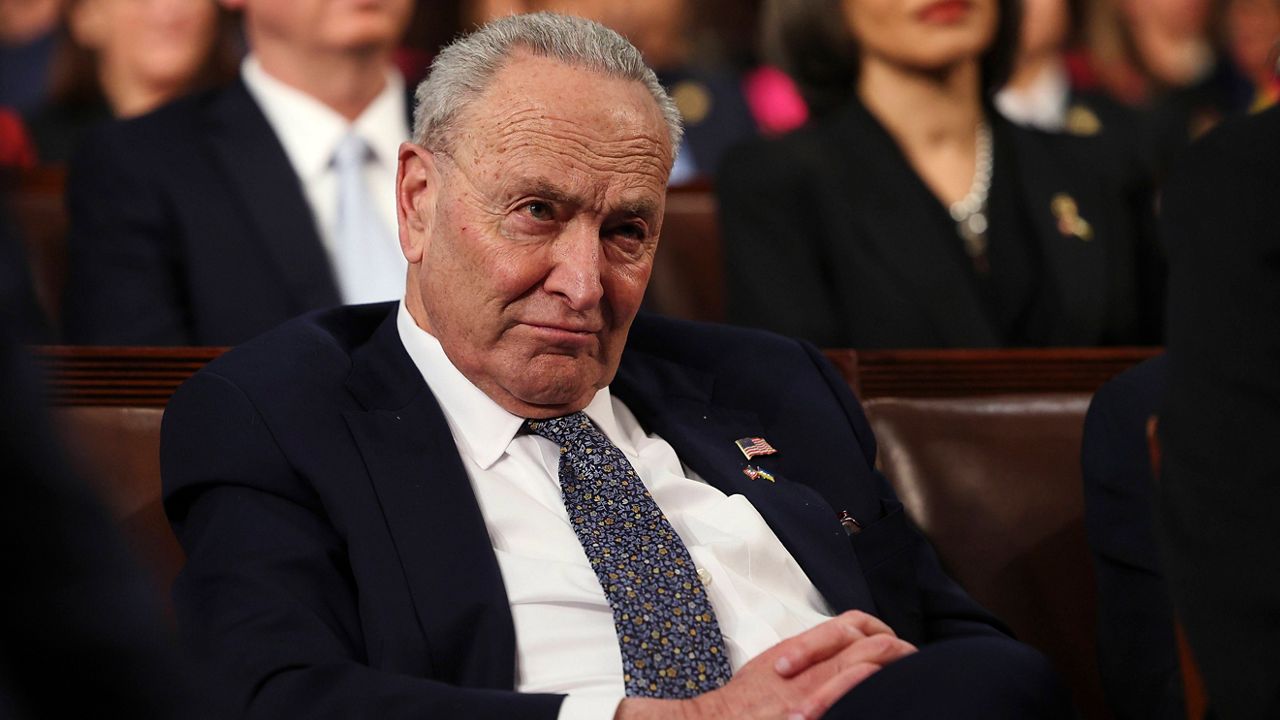 Senate Minority Leader Chuck Schumer, D-N.Y., listens as President Donald Trump addresses a joint session of Congress at the Capitol in Washington, Tuesday, March 4, 2025. (Win McNamee/Pool Photo via AP)