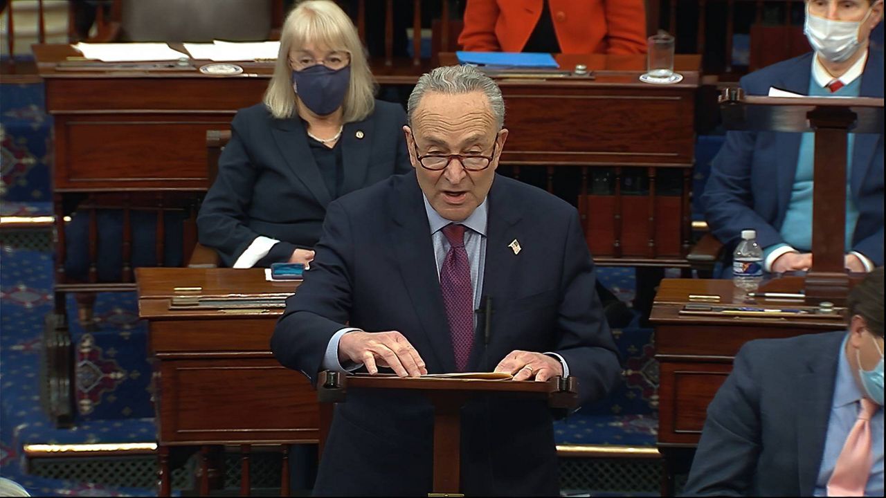 Senate Majority Leader Chuck Schumer speaks before the final vote on the Senate version of the COVID-19 relief bill on Saturday. (Senate Television via AP, File)