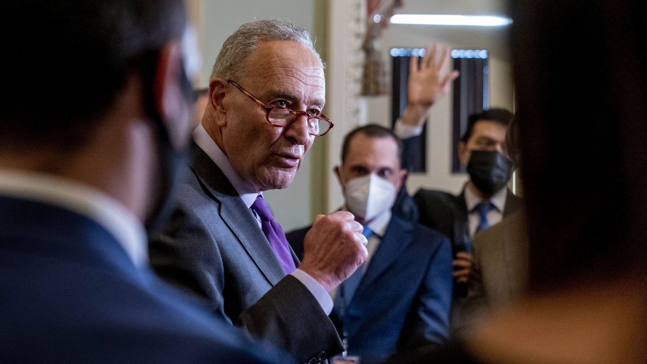 Senate Majority Leader Chuck Schumer, D-N.Y., speaks to reporters Tuesday at the Capitol. (AP Photo/Andrew Harnik)