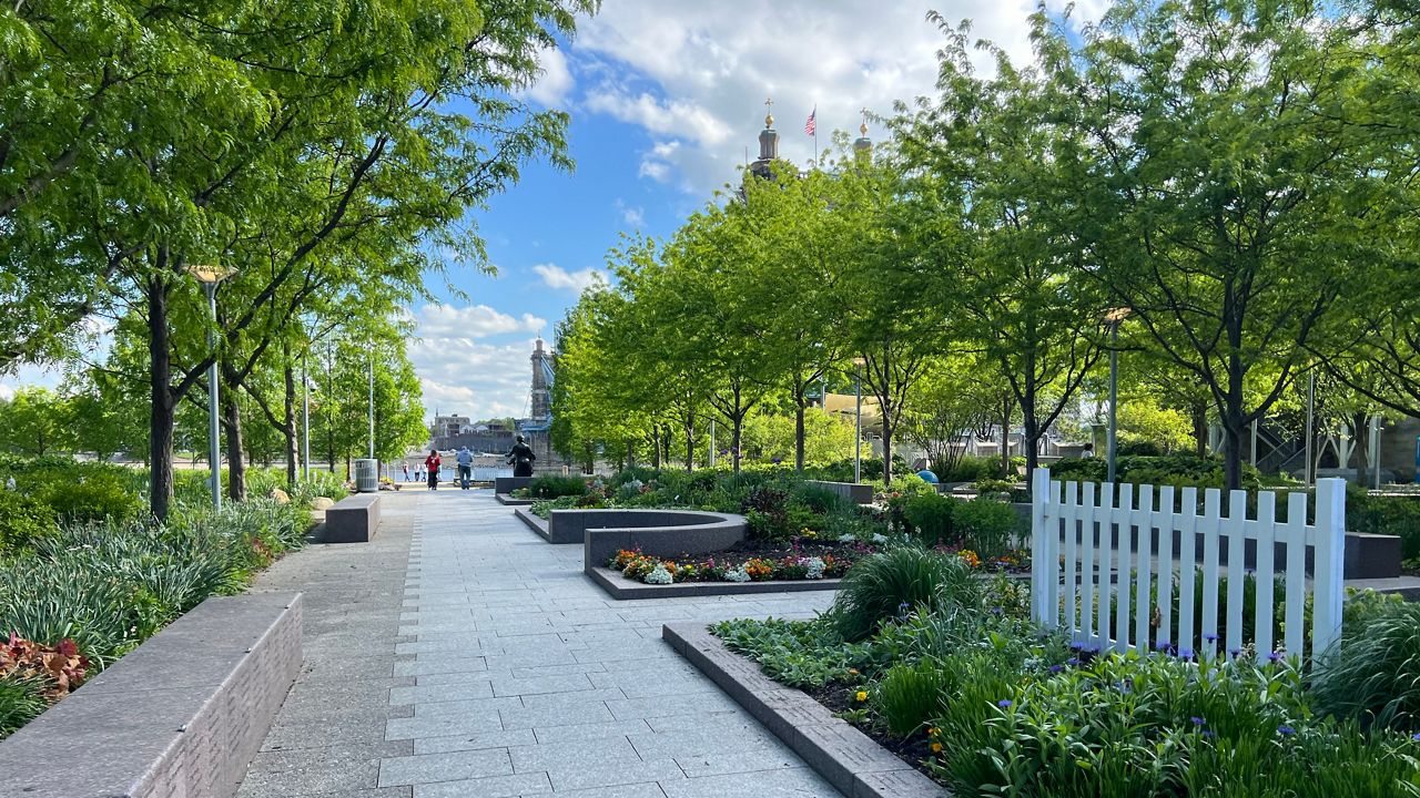 John G. and Phyllis W. Smale Riverfront Park looking at downtown Cincinnati, Ohio on Wednesday, April 24, 2024. (Spectrum News 1/AJ Hymiller)