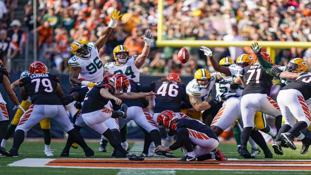 Cincinnati Bengals kicker Evan McPherson (2) runs off the field