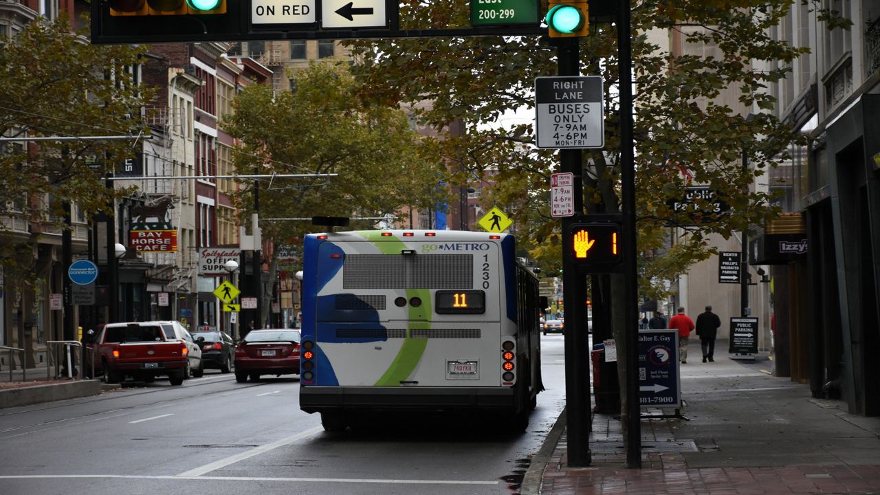 A Metro bus drives up Walnut Street in Downtown Cincinnati (Photo: Casey Weldon/Spectrum News 1) 