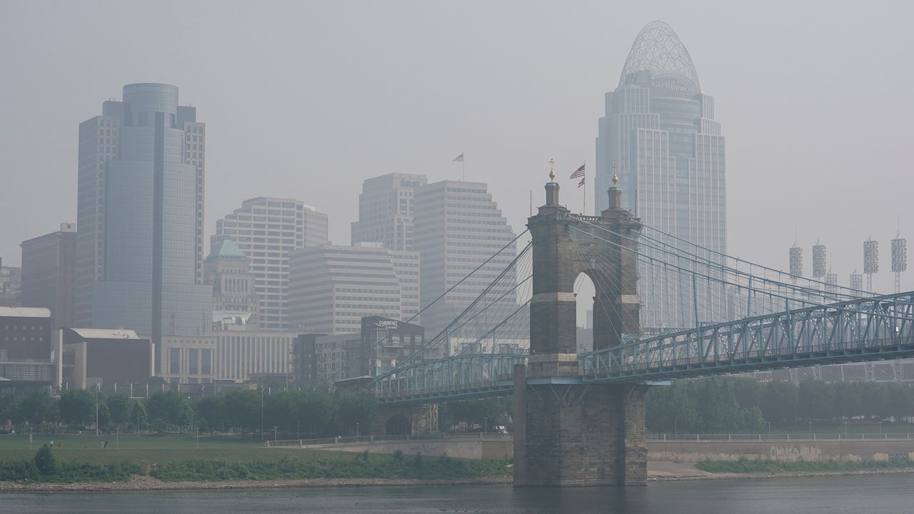 Smoke from wildfires in Canada is visible over downtown Cincinnati, Wednesday, June 28, 2023. (AP Photo/Joshua A. Bickel)