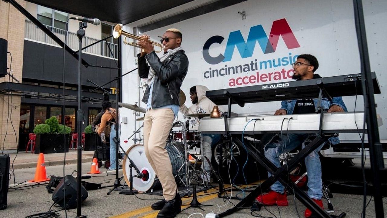 Musicians perform during an event on Cincinnati Music Accelerator's portable stage. (Photo courtesy of Cincinnati Music Accelerator)