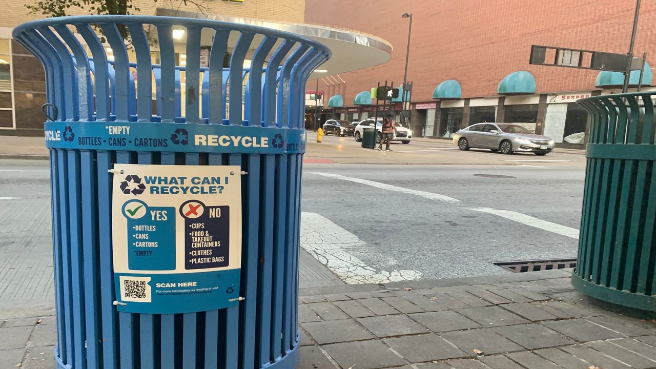 New recycling bins installed in downtown Cincinnati. (Casey Weldon | Spectrum News 1)