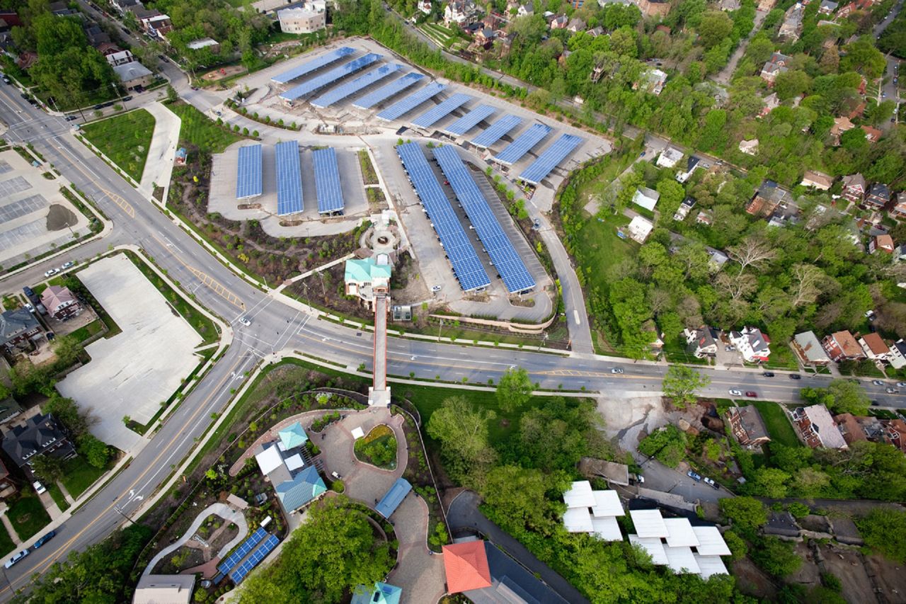 An aerial view of some of the current solar panels at the Cincinnati Zoo and Botanical Garden and the surrounding Avondale neighborhood. (Photo courtesy of Cincinnati Zoo and Botanical Garden)