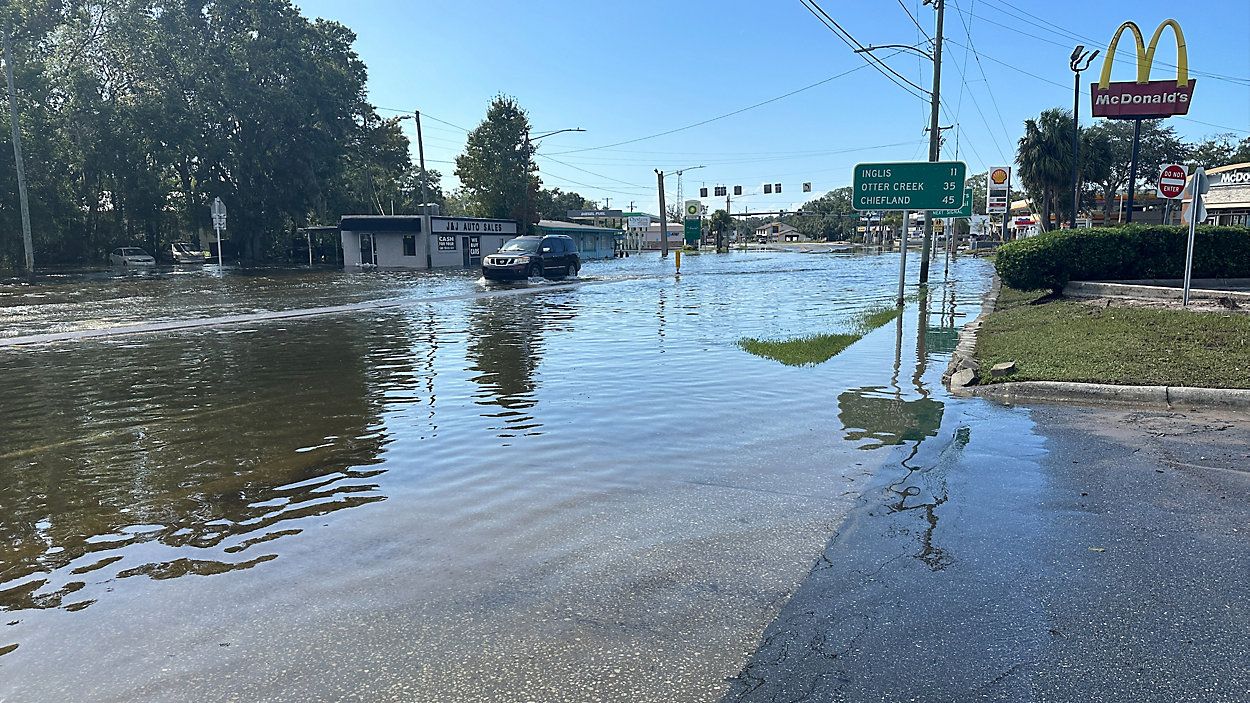 Scenes like this were repeated across Crystal River after Hurricane Helene roared past the region. This is flooding on U.S. 19 near the intersection of NE Fifth Street on Sept. 27. (Spectrum News/Sarah Blazonis)