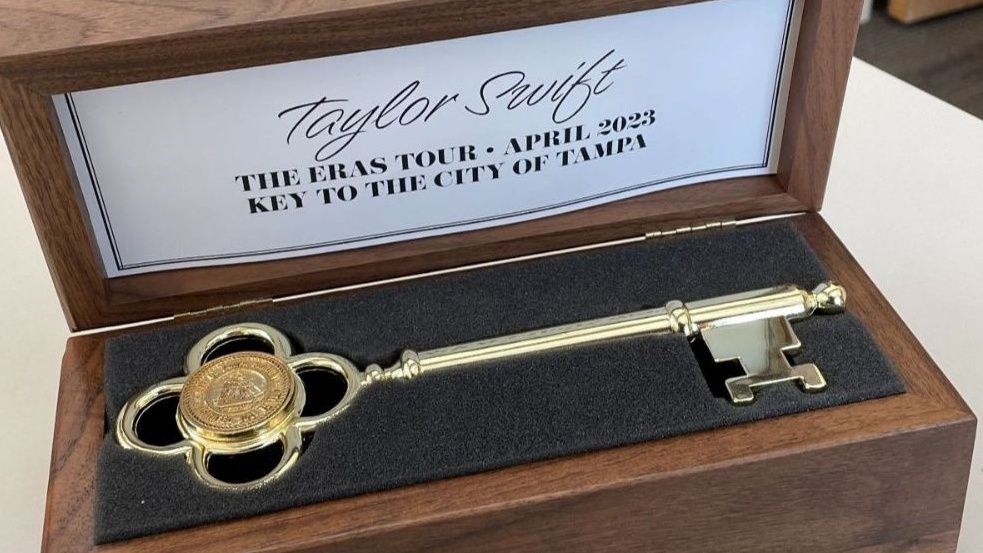 Tampa Mayor Jane Castor presented a key to the city to Taylor Swift in videos posted Monday and invited her to be mayor for the day, in preparation for her upcoming Eras Tour stop at Raymond James Stadium this week. (Courtesy of city of Tampa)