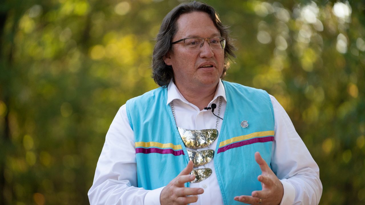 Chief Ben Barnes of the Shawnee Tribe talks about the tribes involvement in Civilization VII at the ribbon cutting of the Shawnee Language Center on Friday, September 20, 2024 in Miami, Okla..