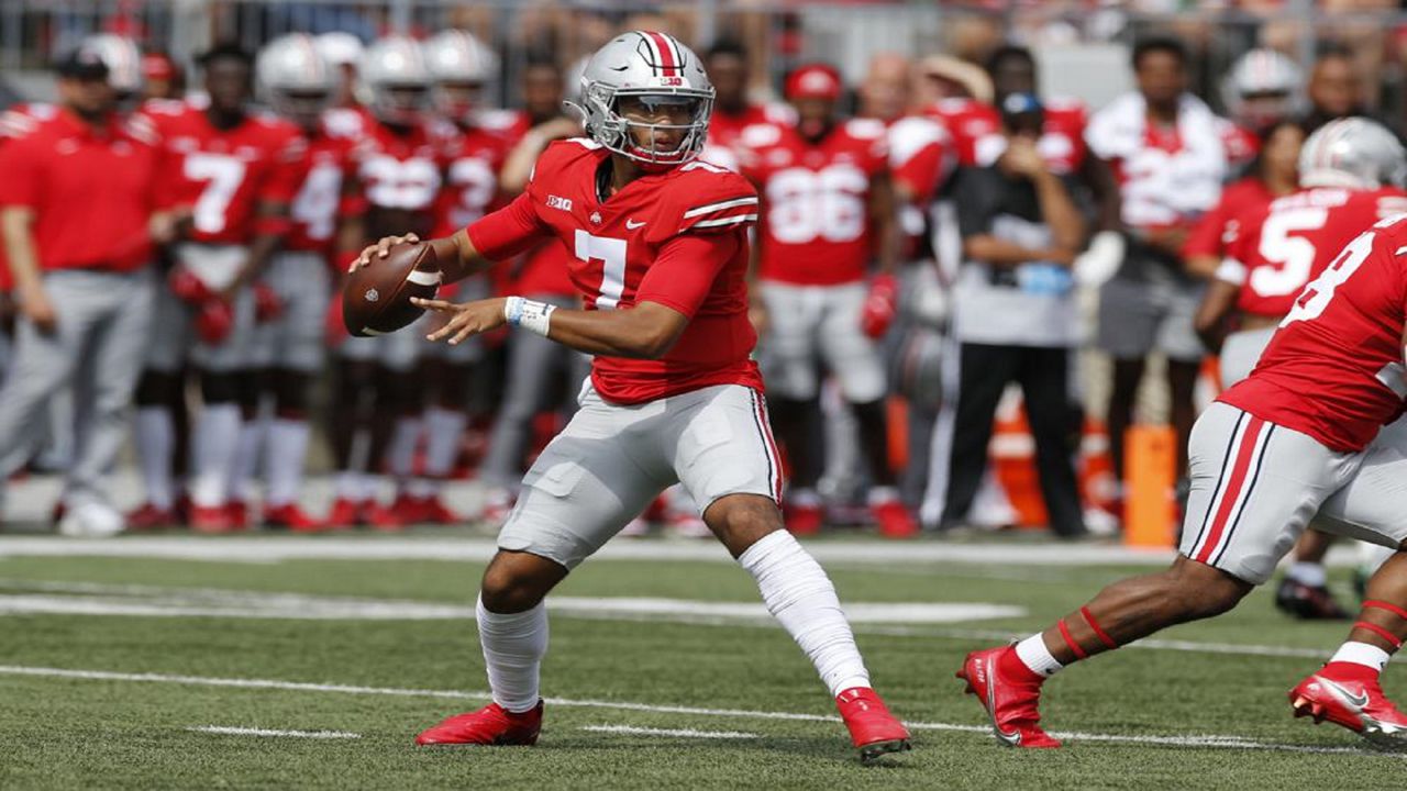 Ohio State quarterback C.J. Stroud drops back to pass against Oregon during the first half of an NCAA college football game Saturday, Sept. 11, 2021, in Columbus, Ohio. (AP Photo/Jay LaPrete)