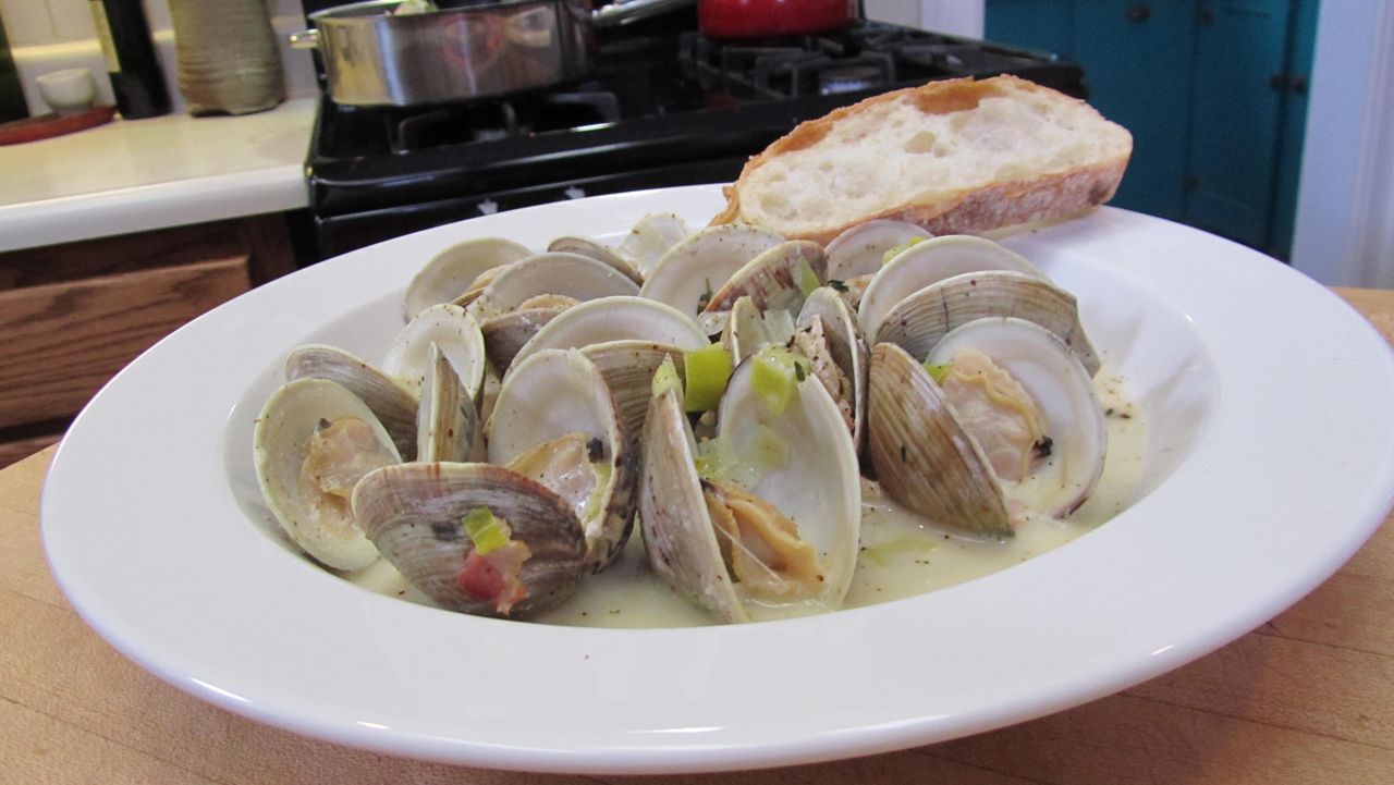 Steamed Clams with Bacon, Leeks, Thyme, Mustard and Cream