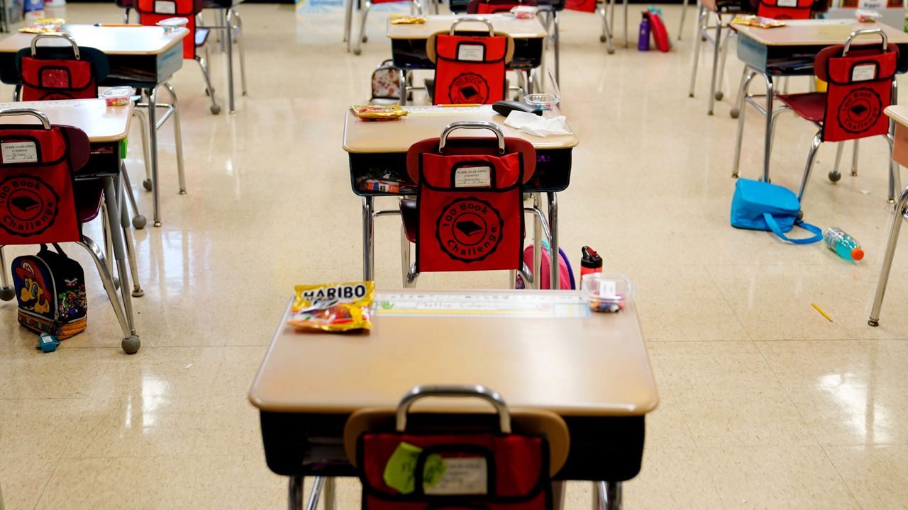 Desks are arranged in a classroom at Panther Valley Elementary School in Nesquehoning, Pa. (AP Photo/Matt Slocum, File)