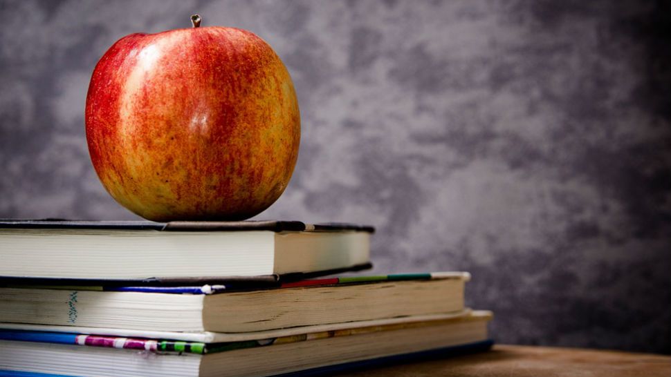 File photo of an apple on top of a stack of three text books. 