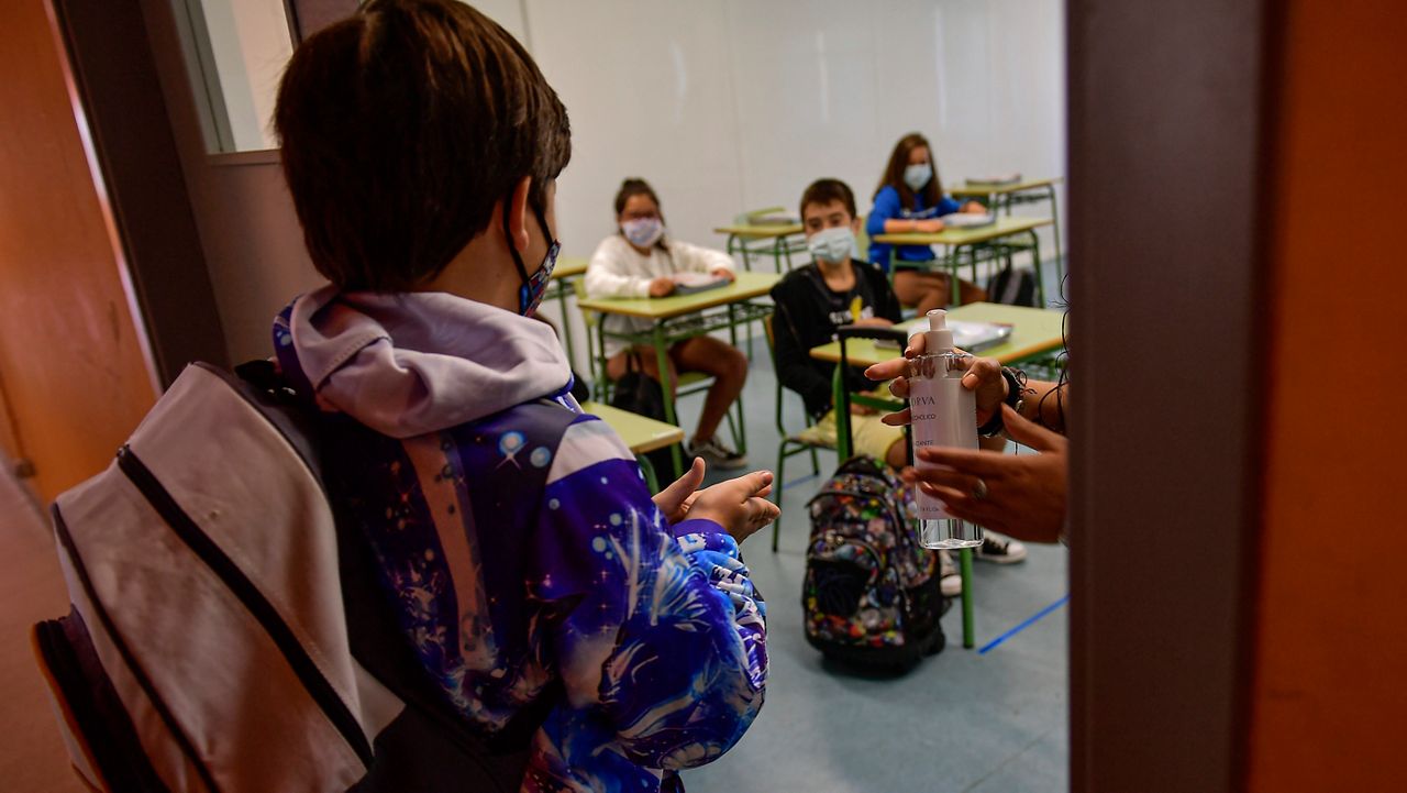 A child wears a face covering in school. (File photo)