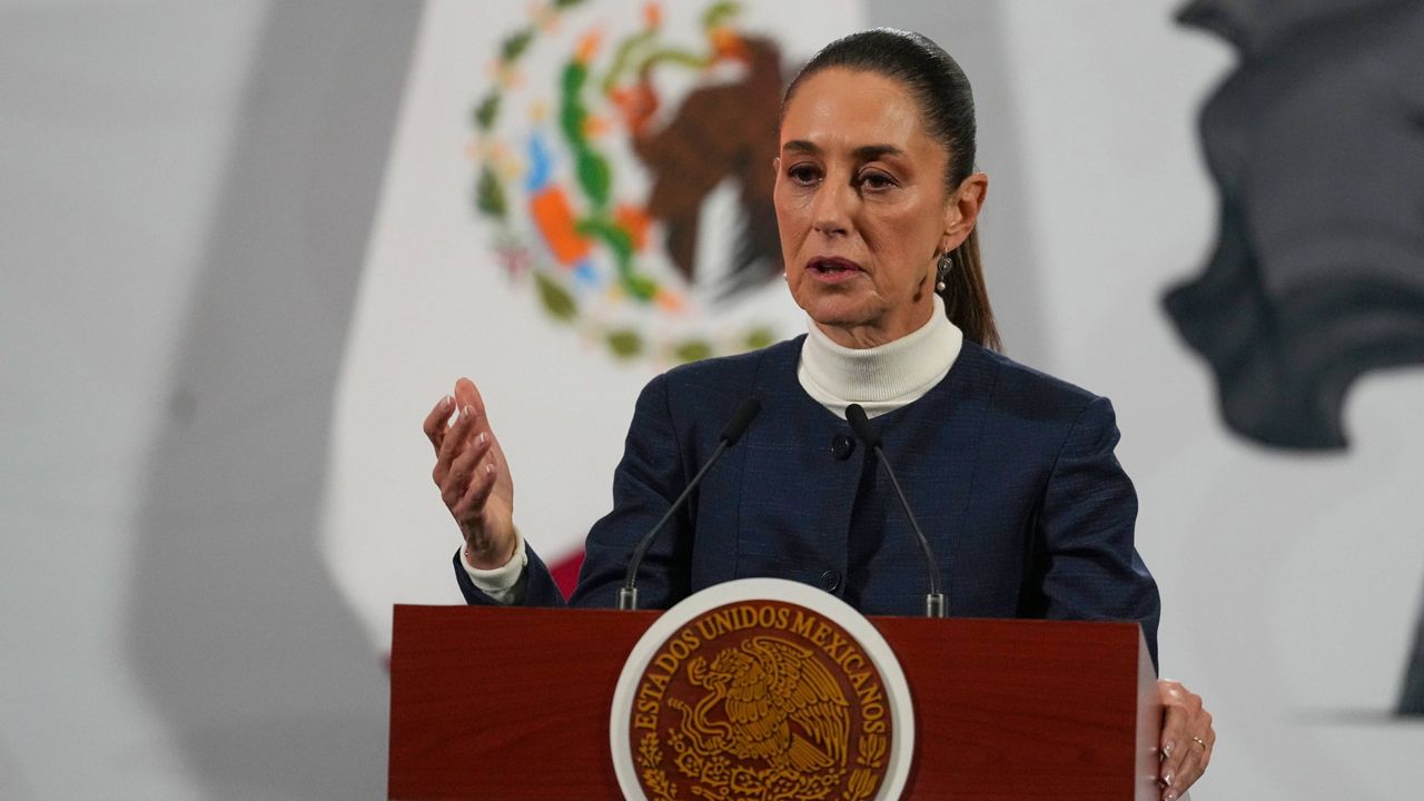 Mexican President Claudia Sheinbaum gives her daily morning press conference at the National Palace in Mexico City, Monday, Feb. 3, 2025. (AP Photo/Marco Ugarte)