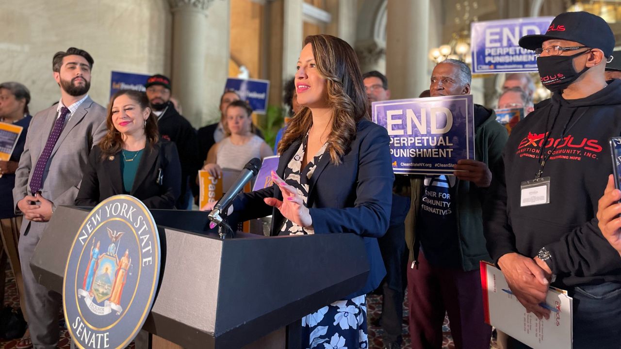Assemblymember Catalina Cruz, D-Queens, speaks at a rally to pass the Clean Slate Act in the state Capitol last month.