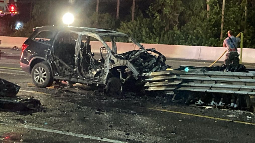 Clearwater Police and Clearwater Fire & Rescue responded to a crash shortly after 1:30 a.m. in the northbound lanes of U.S. 19 at Sunset Point Road, where authorities say a 2016 Honda Pilot crashed into the divider and burst into flames. (Courtesy of Clearwater Police Department)