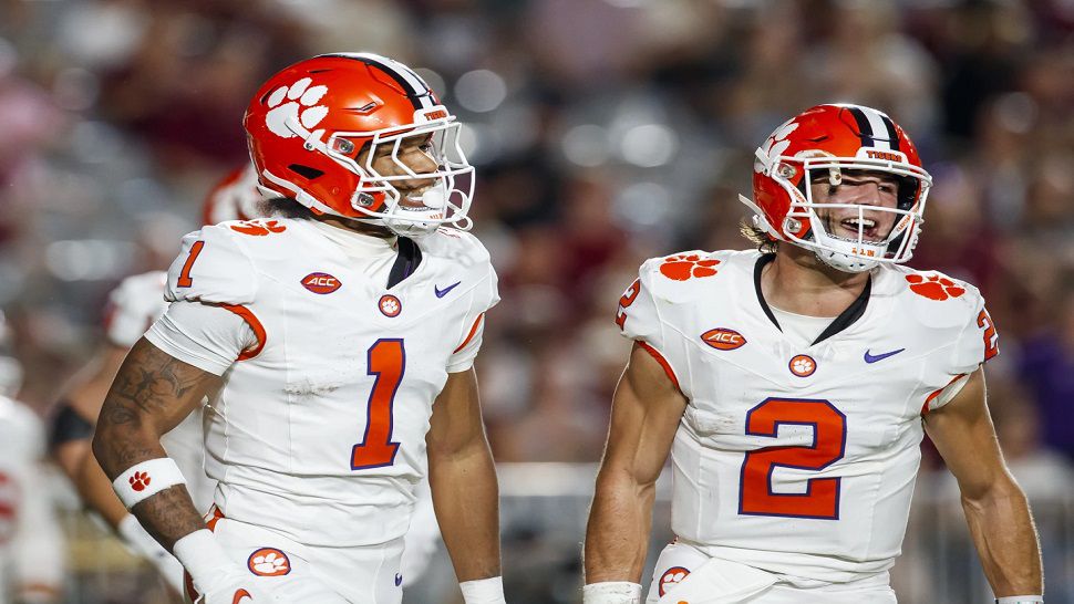 TALLAHASSEE, FL - OCTOBER 05: Clemson Tigers wide receiver T.J. Moore (1) and Clemson Tigers quarterback Cade Klubnik (2) celebrate after a touchdown during a college football game between the Clemson Tigers and the Florida State Seminoles on October 5th, 2024 at Doak Campbell Stadium in Tallahassee, FL. (Photo by Chris Leduc/Icon Sportswire) (Icon Sportswire via AP Images