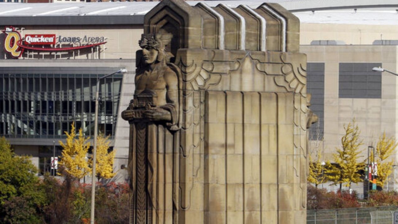 Guardians of Traffic statues protect motorists entering and leaving downtown.