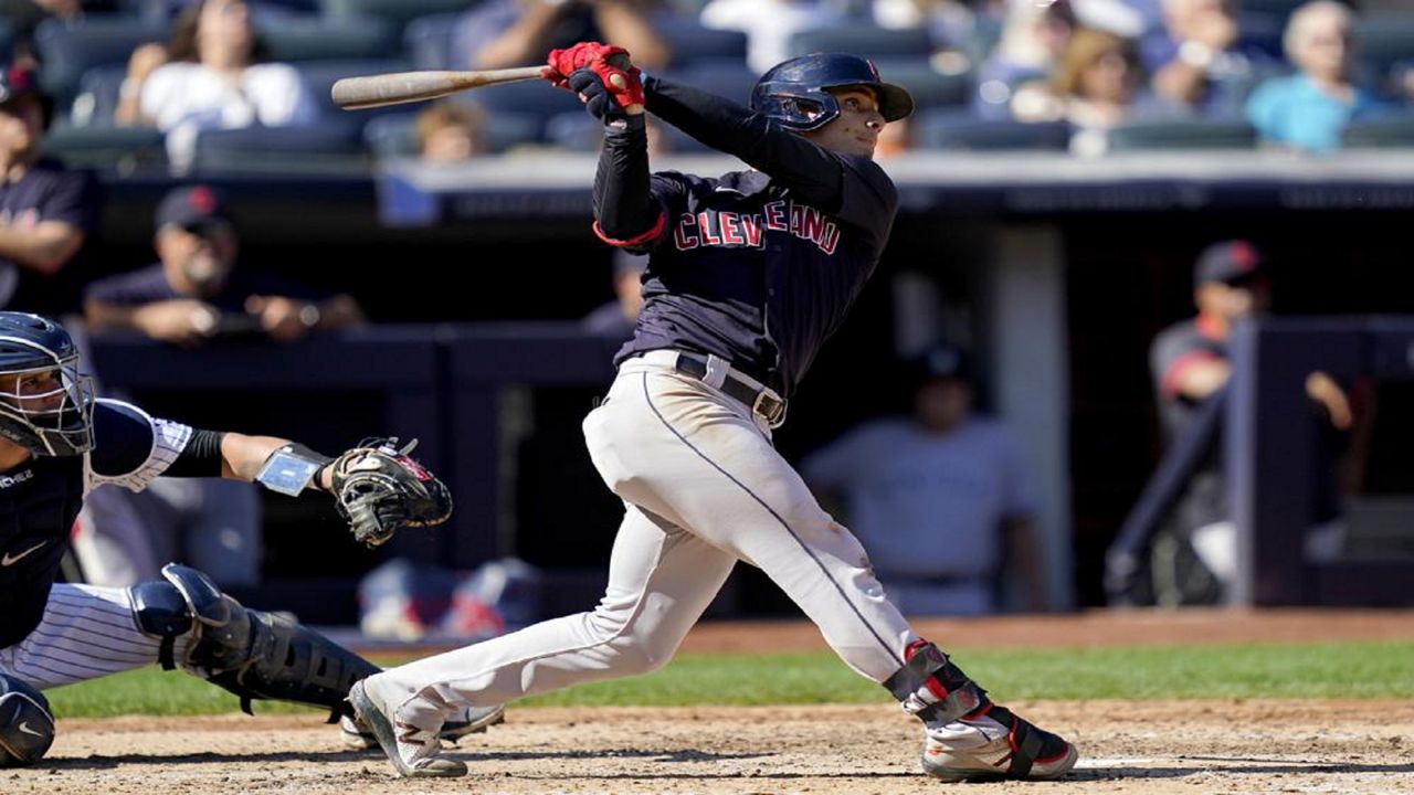 Andres Gimenez of the Cleveland Indians bats against the Los