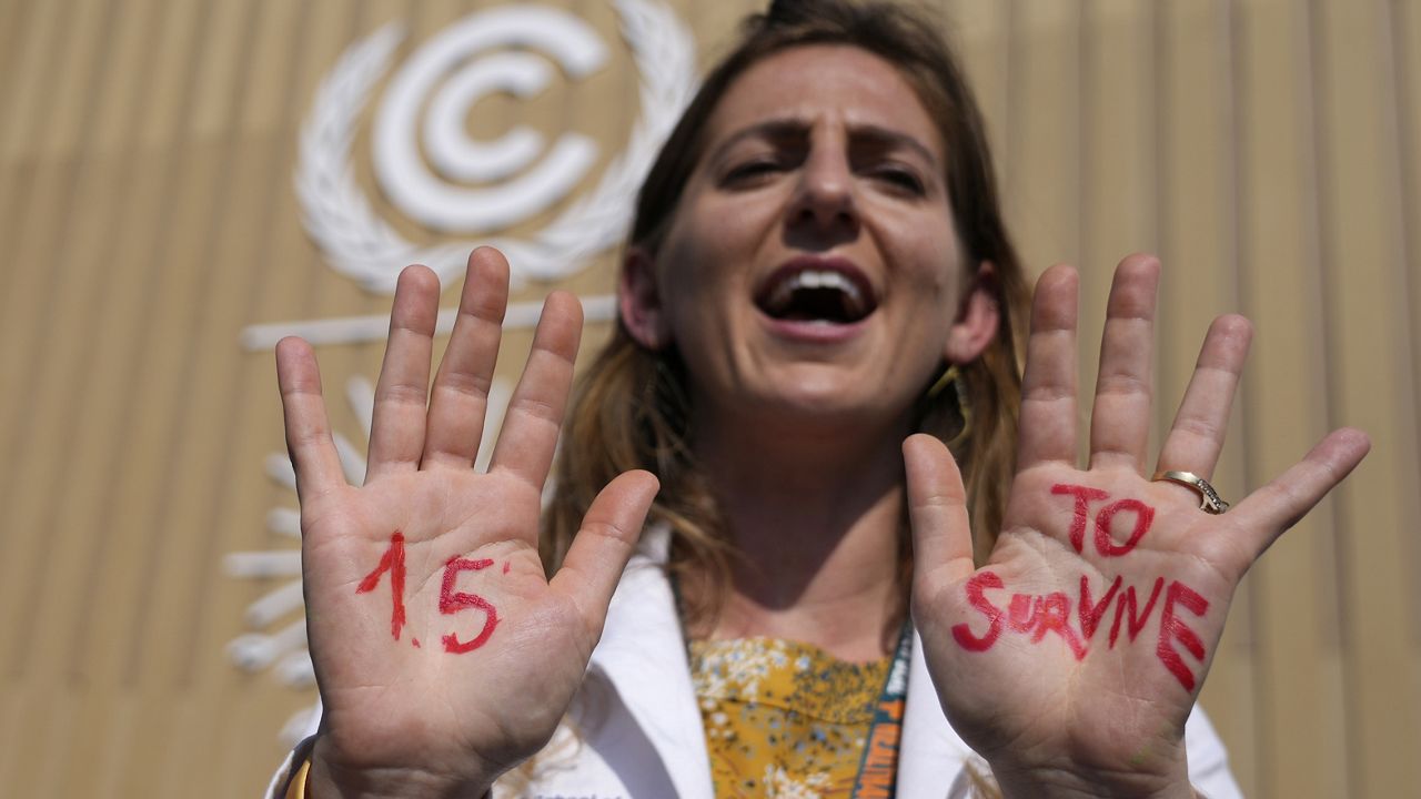 A demonstrator shows her hands reading "1.5 TO SURVIVE" at a protest advocating for the warming goal at the COP27 U.N. Climate Summit on Nov. 16, 2022, in Sharm el-Sheikh, Egypt. (AP Photo/Peter Dejong, File) 