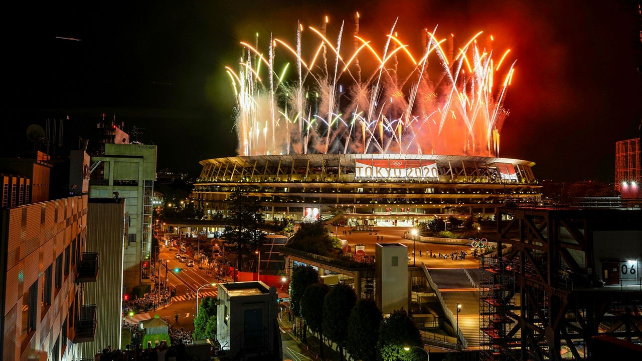 Fireworks illuminate the National Stadium during the closing ceremony of the 2020 Tokyo Olympics. (AP/Kiichiro Sato)