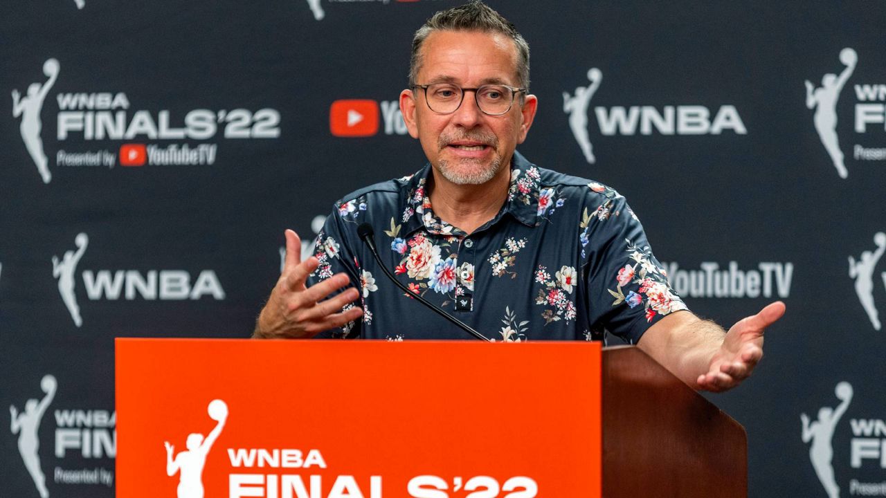 Connecticut Sun head coach Curt Miller addresses the media before facing the Las Vegas Aces in Game 1 of a WNBA basketball final playoff series, Sept. 11, 2022, in Las Vegas. (AP Photo/L.E. Baskow)